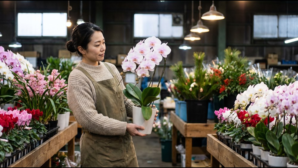 年の瀬の花市場で胡蝶蘭の鉢を手に取り、葉の状態を確かめる女性